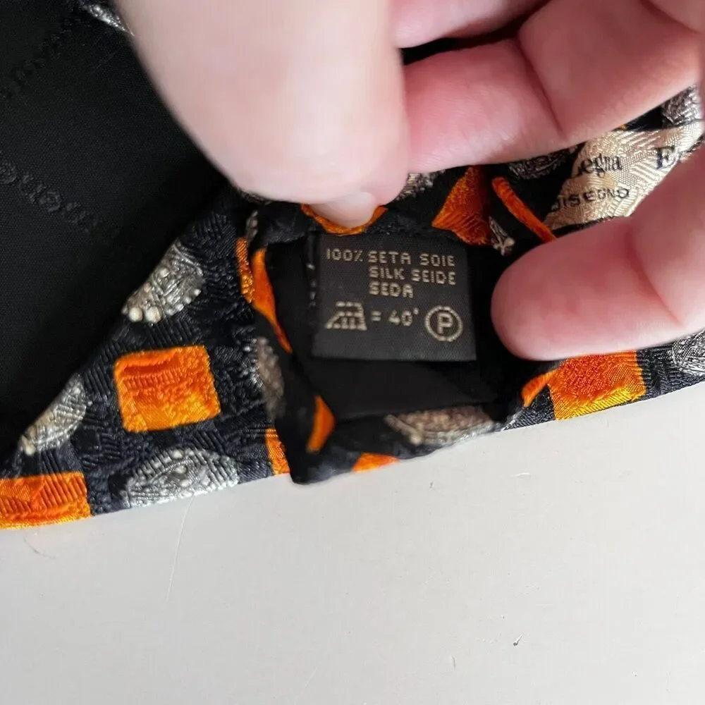 Ermenegildo Zegna 100% Silk Tie Black Orange Print Made in Italy Men's